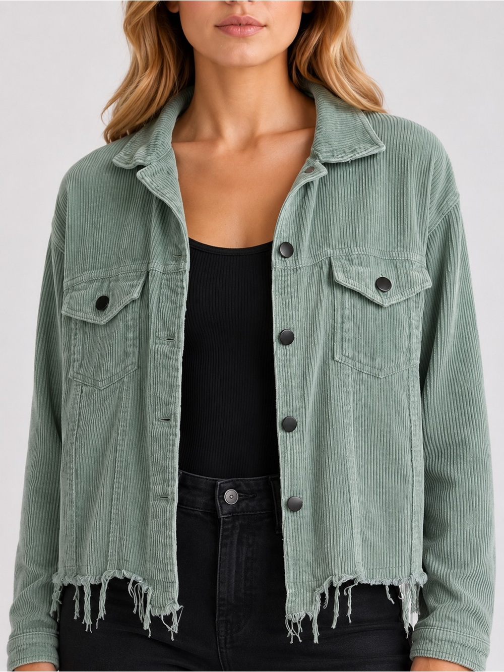 POL Jacket Small Corduroy Velour‎ Velvet Distressed Fringe Hem Sage Green Boho S